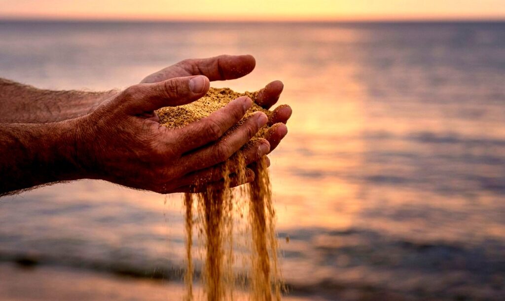 Divine Masculine letting go of control represented by sand slipping through hands.