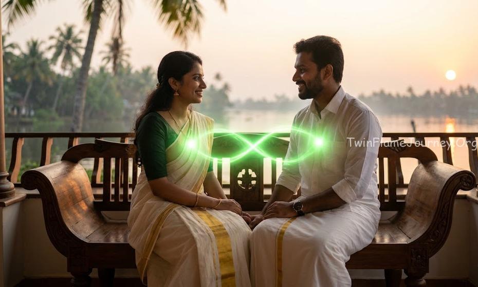 A South Indian couple sitting in a spiritual pose, a radiant green energy bridging their hearts.