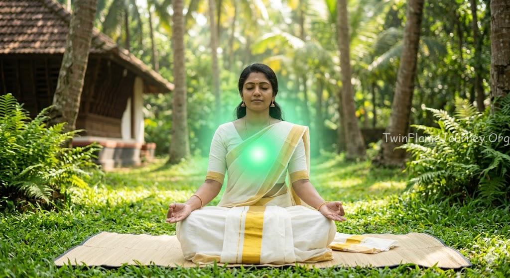 A South Indian woman meditating in a lush green garden with a glowing green light on her chest representing the Heart Chakra.