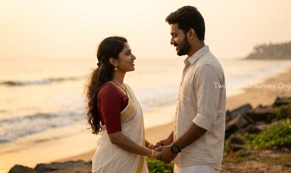 Twin Flame couple from Kerala sharing a deep, soulful look at a scenic beach.