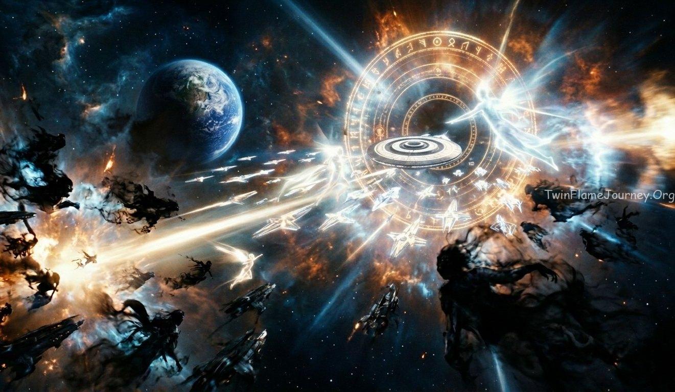 High-definition photorealistic depiction of a monumental celestial war between light and dark energies near Earth.