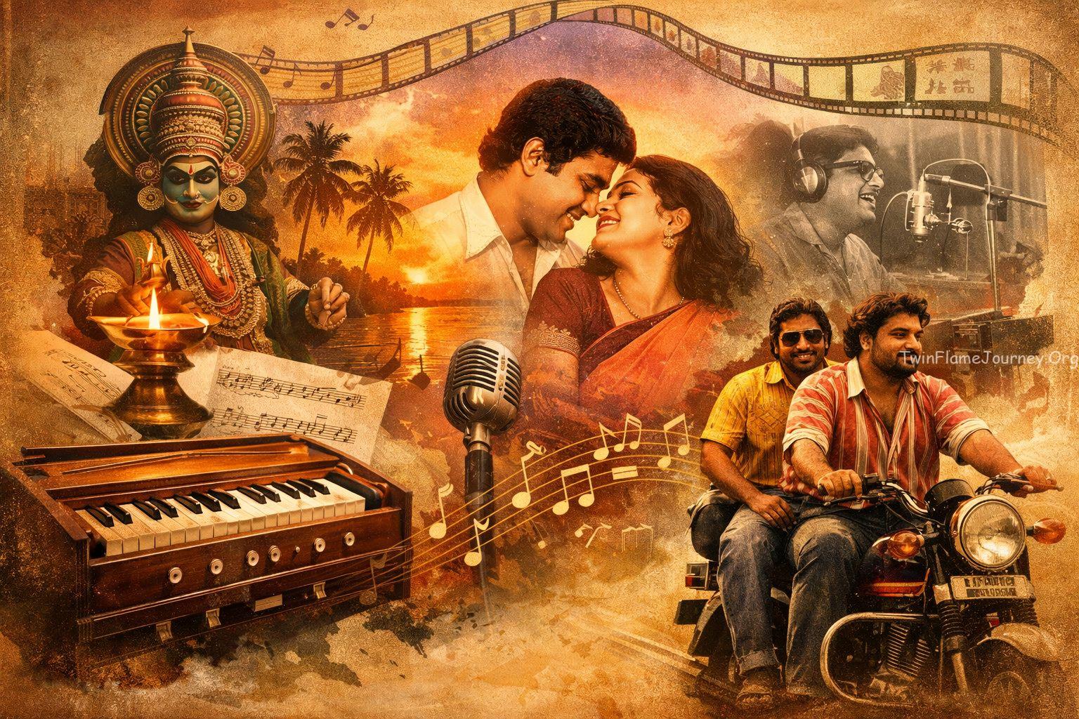 Malayalam cinema music collage with harmonium, dancers, couple, and motorcycle scene