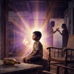 Lonely child sitting amidst domestic chaos with a glowing blue flame symbolizing twin flame awakening and spiritual resilience.