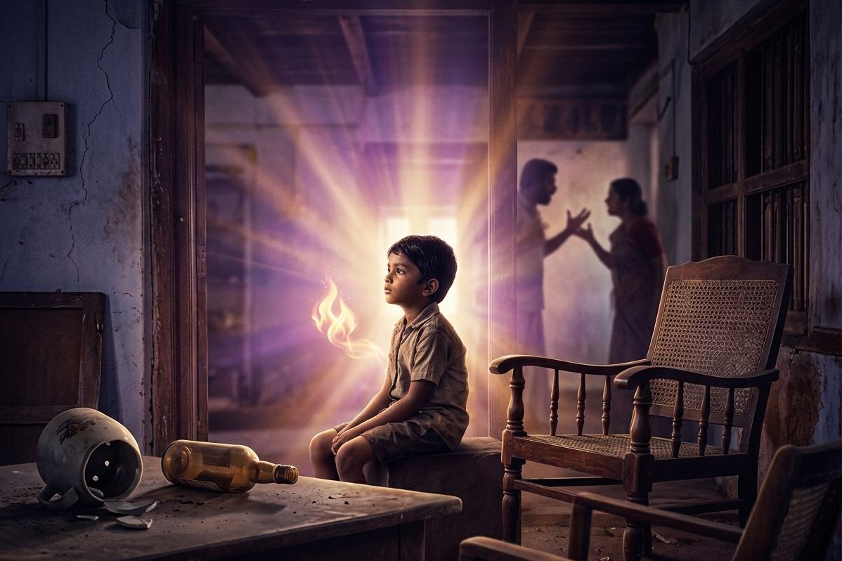 Lonely child sitting amidst domestic chaos with a glowing blue flame symbolizing twin flame awakening and spiritual resilience.