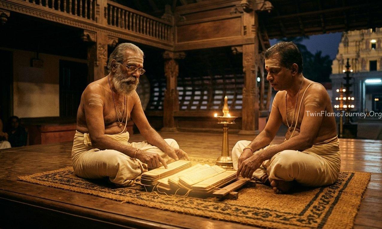 The four Vedas represented as glowing ancient manuscripts in a traditional Kerala temple.