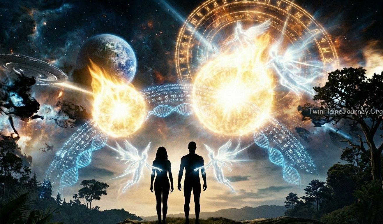 High-resolution photorealistic image of a singular soul splitting into two twin flames over human silhouettes.
