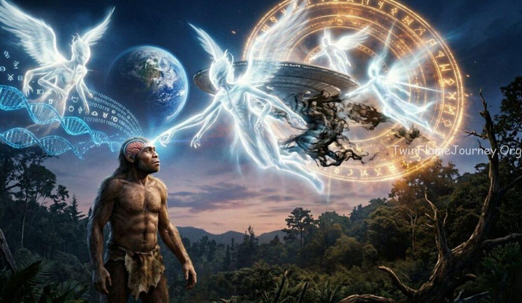 Photorealistic representation of alien DNA mutation and genetic intervention on primitive human ancestor.