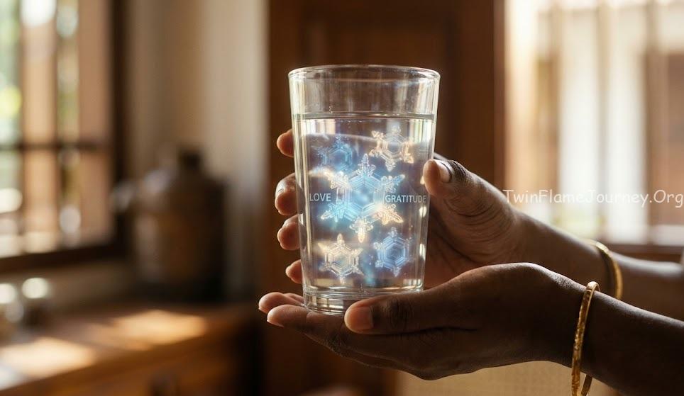 A close-up of dark-toned South Indian hands holding a glass, showing glowing hexagonal structured water crystals inside, symbolizing memory.