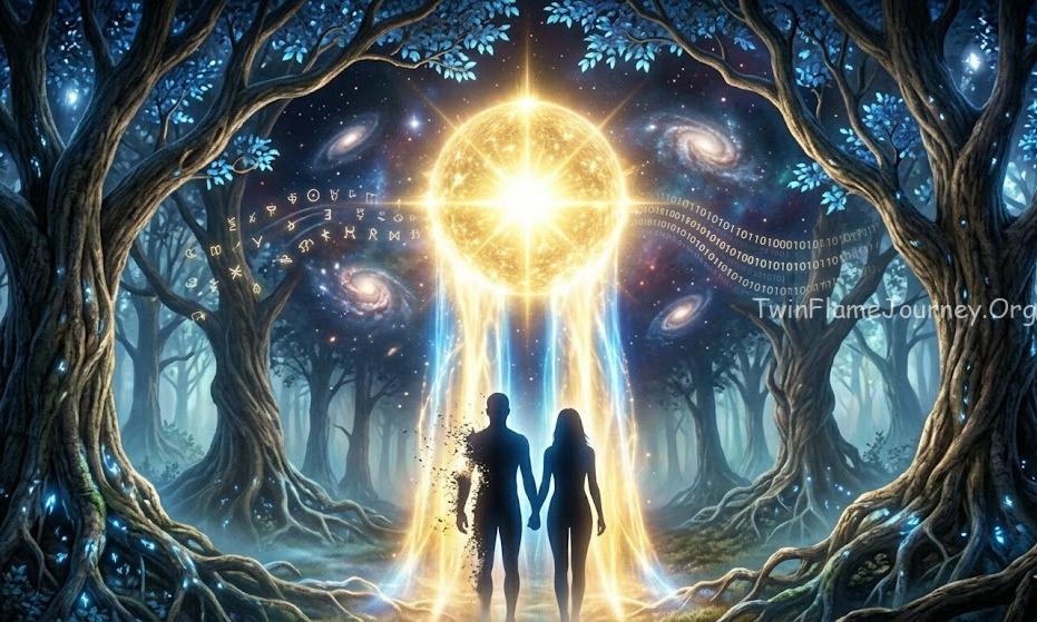 Luminous souls merging into a massive star sphere above silhouettes.