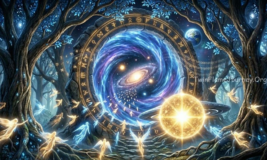 Glowing souls flying into a galactic portal from primeval Earth.