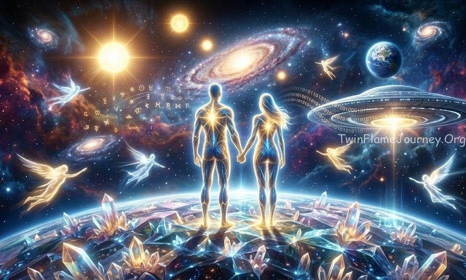 Completed Union: Luminous beings on a crystalline planet surface looking at a nebula.