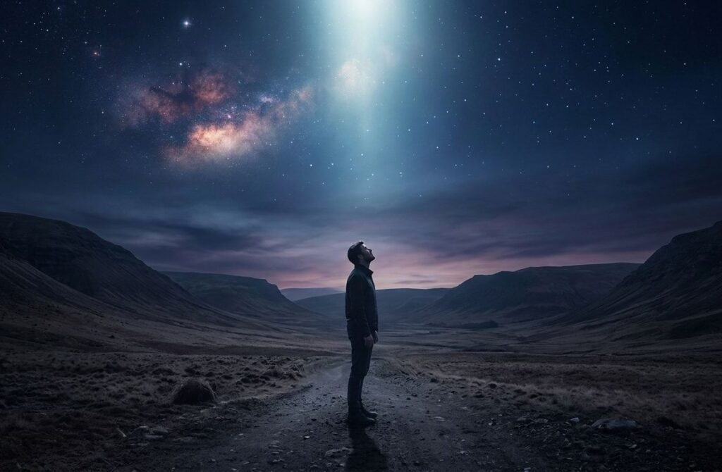 A lone man walking on a path towards a glowing light in a dark, photorealistic landscape.