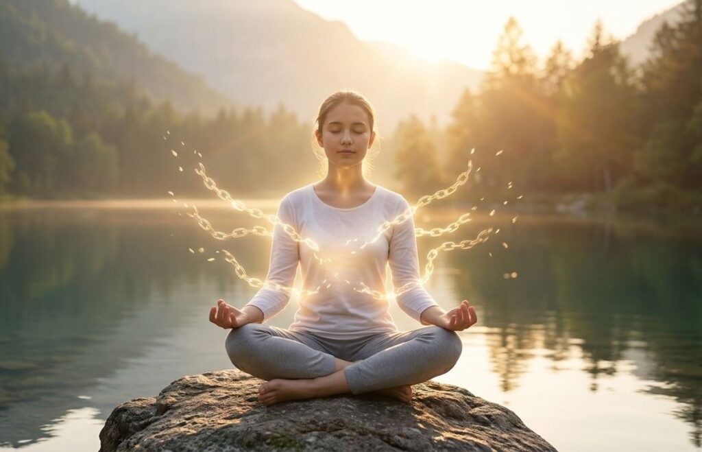 A person achieving spiritual liberation through meditation at sunrise.