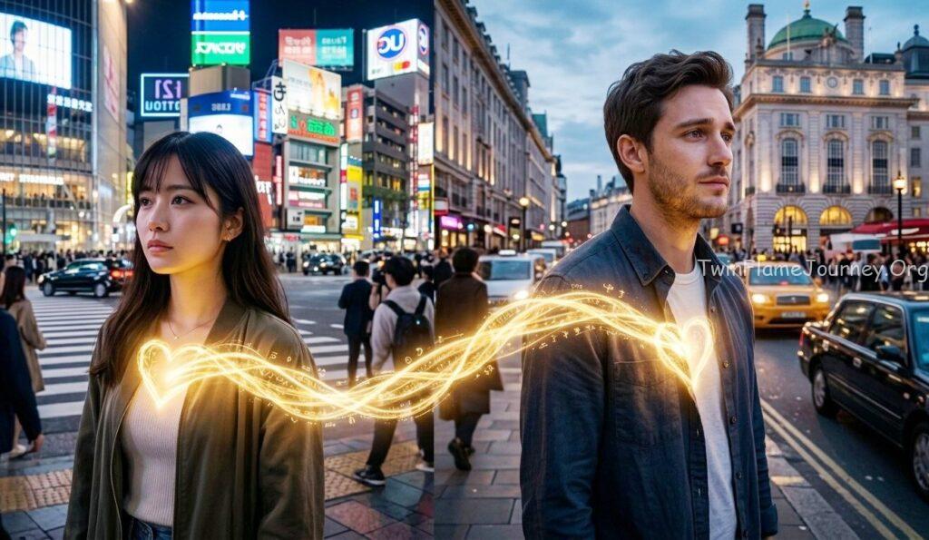 Luminous golden energy cord connecting twin flame hearts in different city environments.