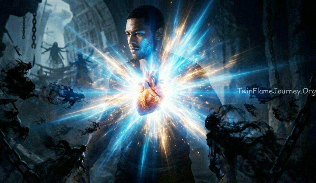 Powerful explosion of light from a human heart repelling multi-armed dark entities.