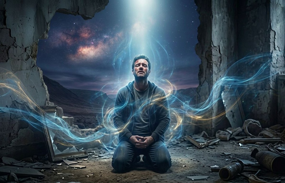 Spiritual energy surrounding a person in a meditative state under a starry sky.