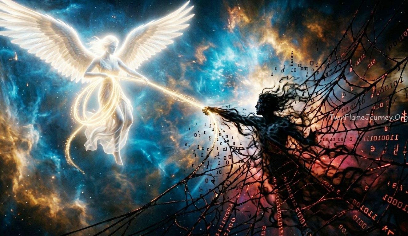 Ethereal being pulling shadowed entity from a Matrix binary code web.