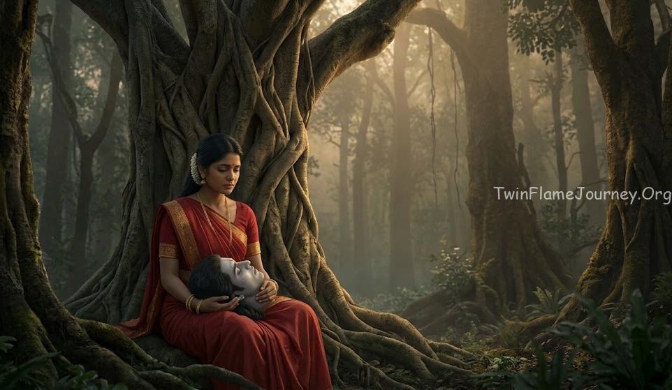 Real photo-style image of Savitri guarding Satyavan under a Banyan tree.