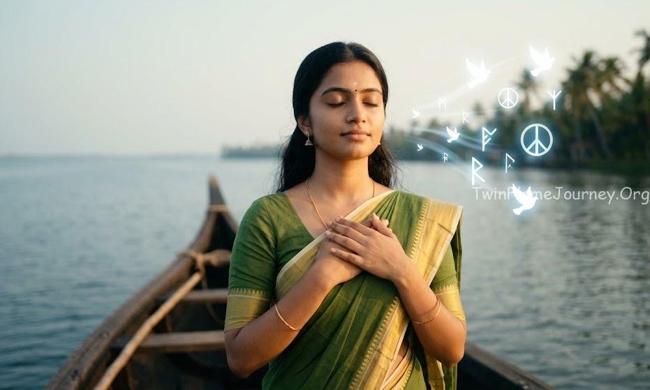 A serene South Indian man and woman sitting in meditation under a large Banyan tree in a Kerala landscape (backwaters in the background). A glowing golden thread connects their heart centers.