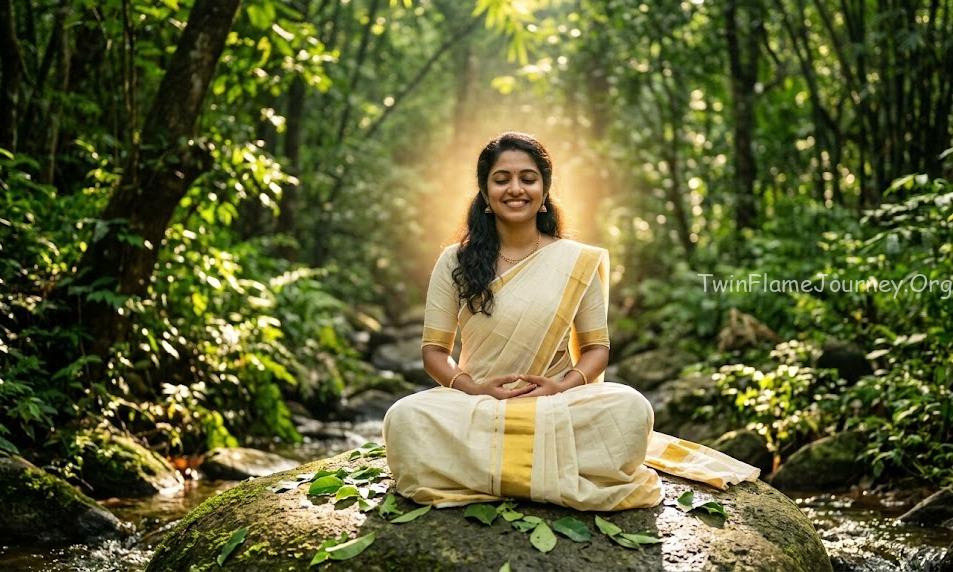 South Indian woman meditating in Kerala forest showing spiritual awakening