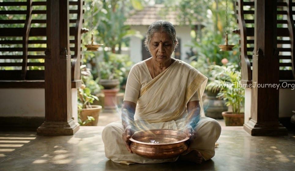 An elderly South Indian woman from Kerala meditates while holding a copper uruli of water, practicing Quantum Water Healing.
