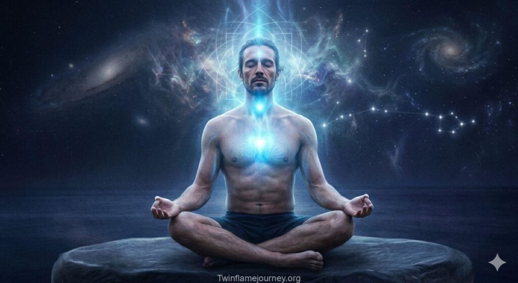 A spiritual visual of a man experiencing internal awakening and soul growth.