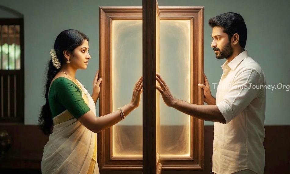Conceptual image of a South Indian couple connecting through a symbolic mirror of the soul.