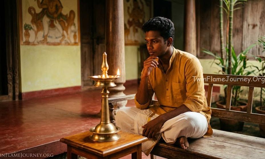 Young South Indian man experiencing spiritual transformation and soul realization.