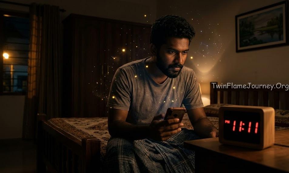 South Indian man observing 11:11 synchronicity during spiritual awakening.