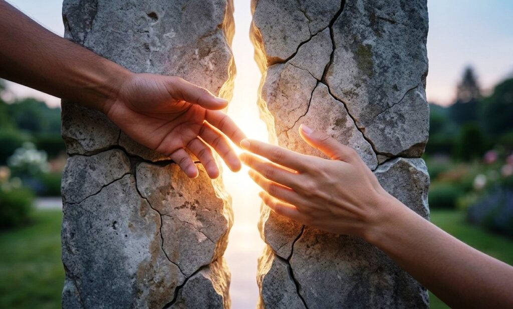 A high-definition, photorealistic close-up photograph of two hands reaching for each other across a large, symbolic cracked stone wall, with warm, transcendental white-gold light glowing from the gap.