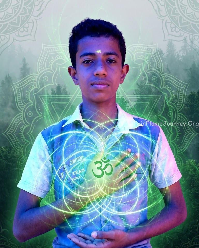 A South Indian young man meditating in a lush green garden with a glowing green light on her chest representing the Heart Chakra.