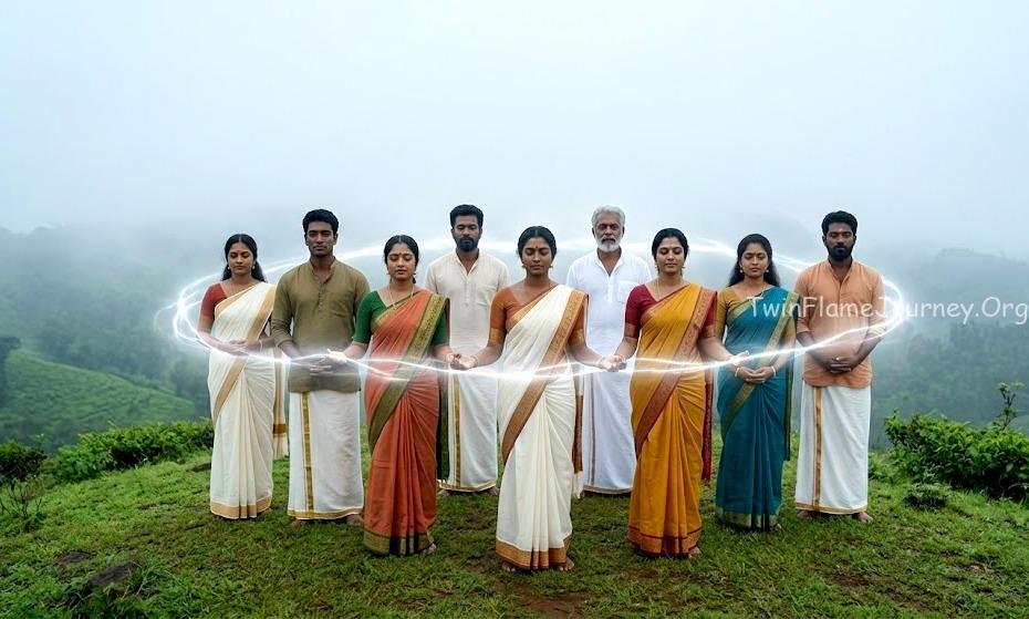 Group meditation in Kerala representing collective spiritual power.