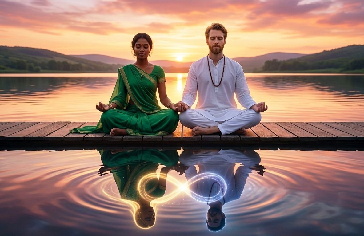 A high-resolution image of a mixed-faith couple meditating peacefully by a calm lake at sunset, their water reflections showing glowing interconnected soul forms (indigo and gold).