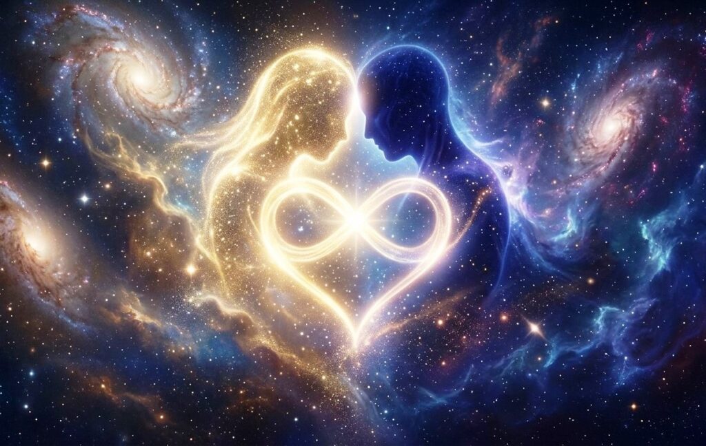 A photorealistic image of two glowing energy forms (indigo and gold) merging into a single heart and infinity symbol against a cosmic background, representing transcendental soul union