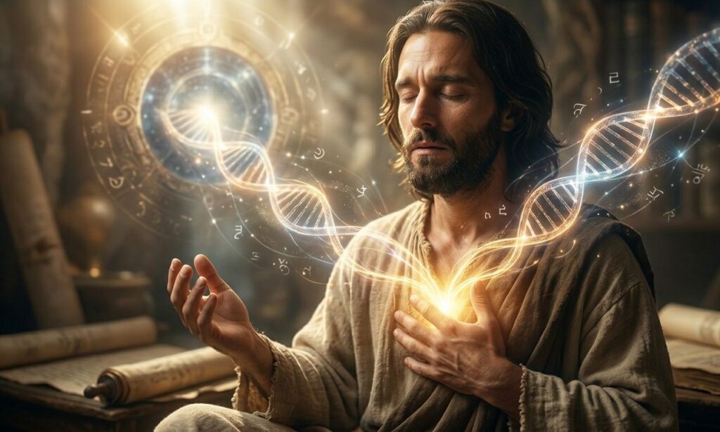 A close-up of a man's face, his eyes closed, bathed in the same golden divine light seen in the previous image