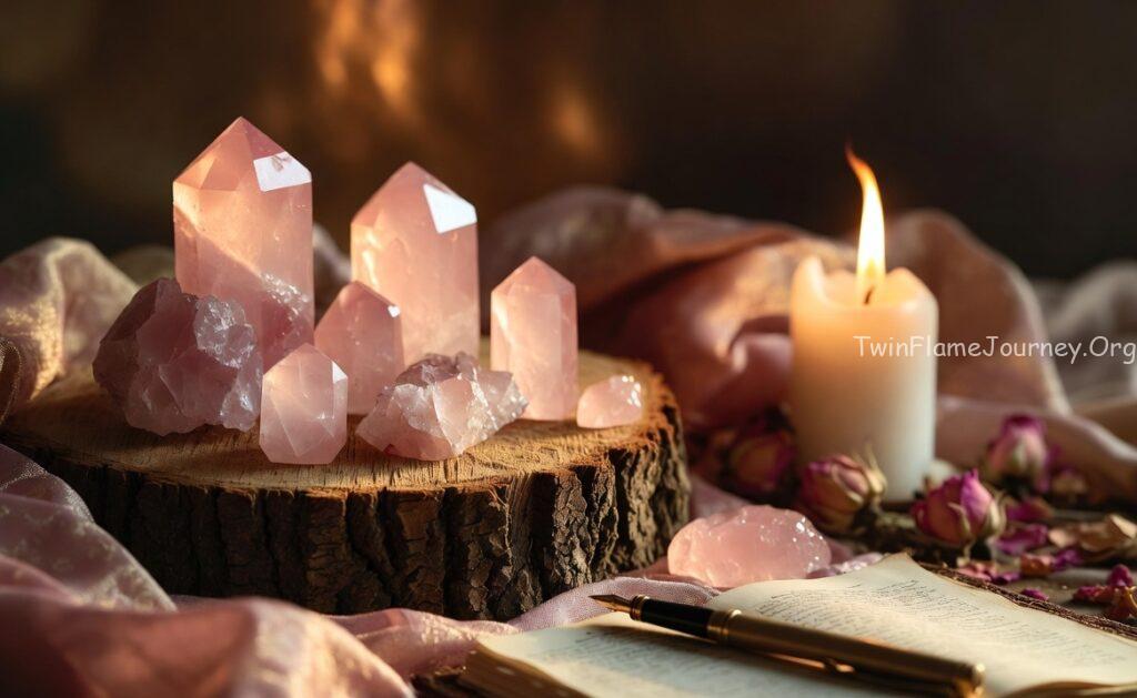 A photorealistic close-up of a raw Rose Quartz glowing in soft sunlight.