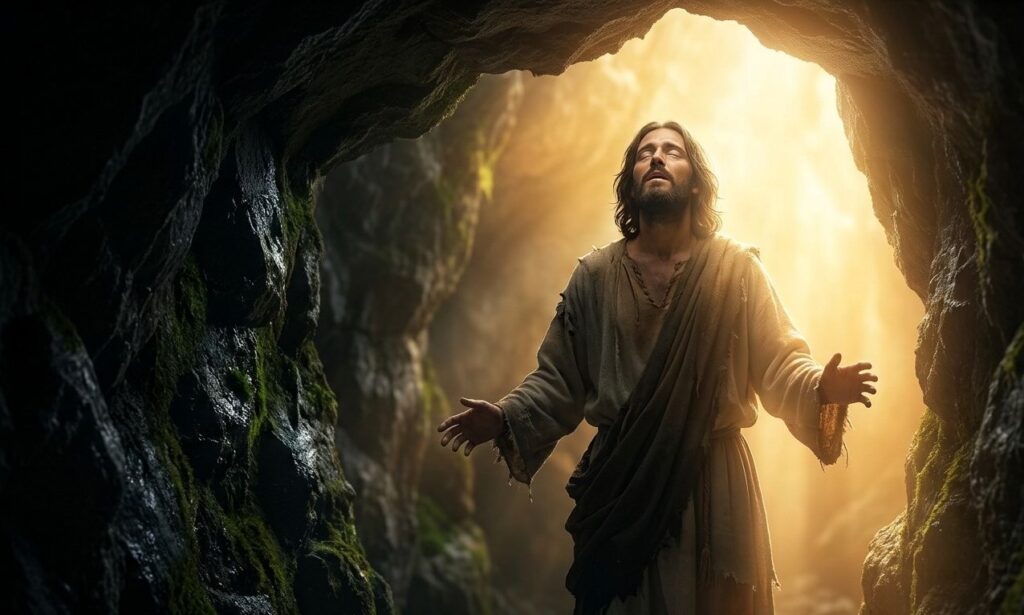A man, appearing physically blind, reaches out from a dark cave toward a brilliant golden divine light.