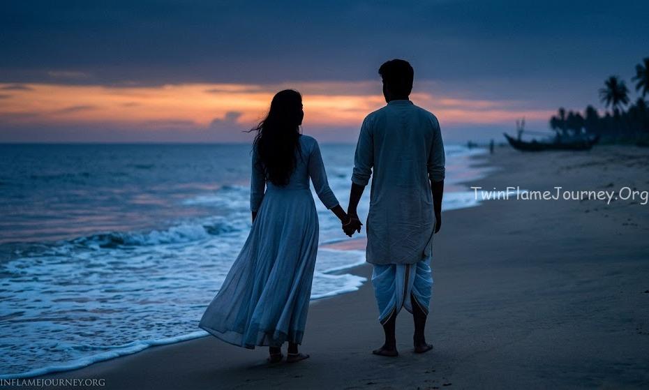 Twin Flame reunion visualization featuring a young South Indian couple at a Kerala beach