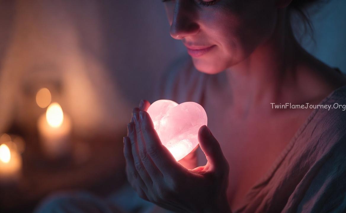 A woman meditating peacefully holding a Rose Quartz heart near her chest