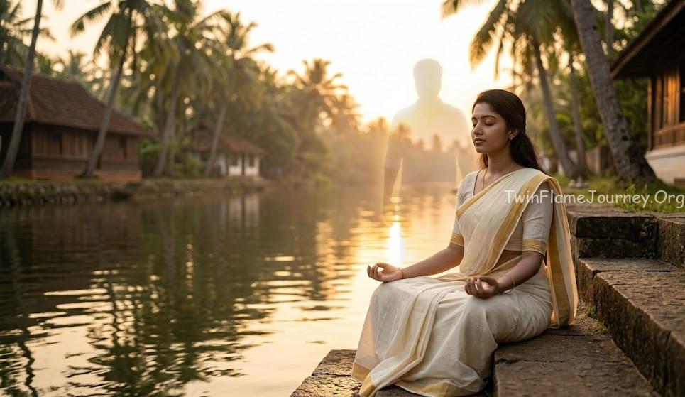A serene, photorealistic image of a young South Indian woman