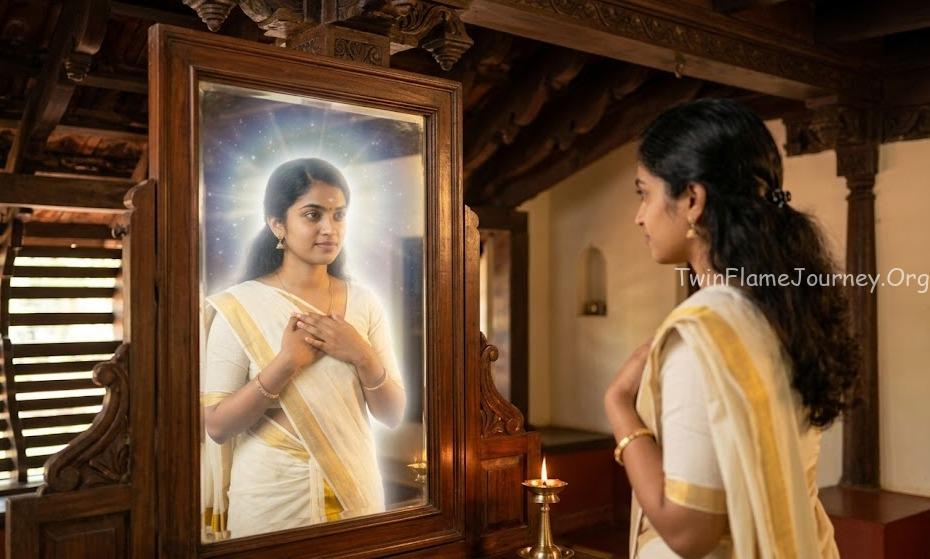 South Indian woman practicing the mirror exercise, seeing her divine reflection.