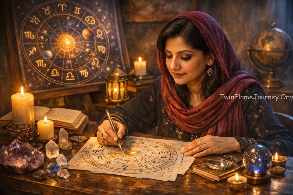 DF studies horoscope charts under warm candlelight