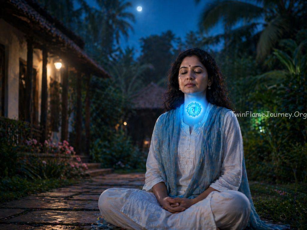 Woman meditating at dawn for chakra healing in Kerala.