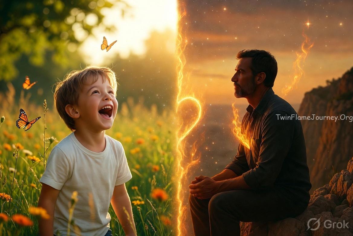 Gentle transition scene of childhood laughter fading into adult healing