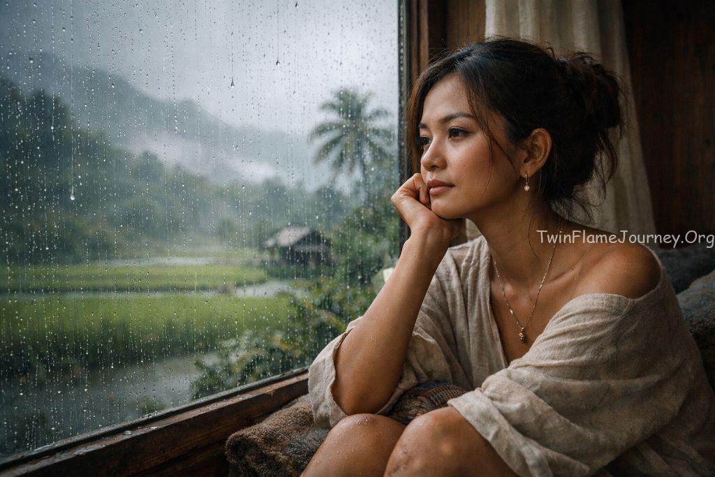 A 21-year-old Kerala woman sitting by a window overlooking a monsoon-drenched landscape