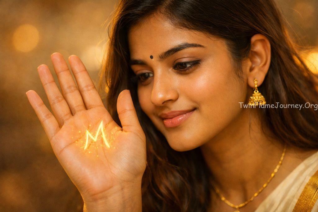A close-up shot of a young Malayali woman (aged 20-22) looking at her palm with a sense of wonder