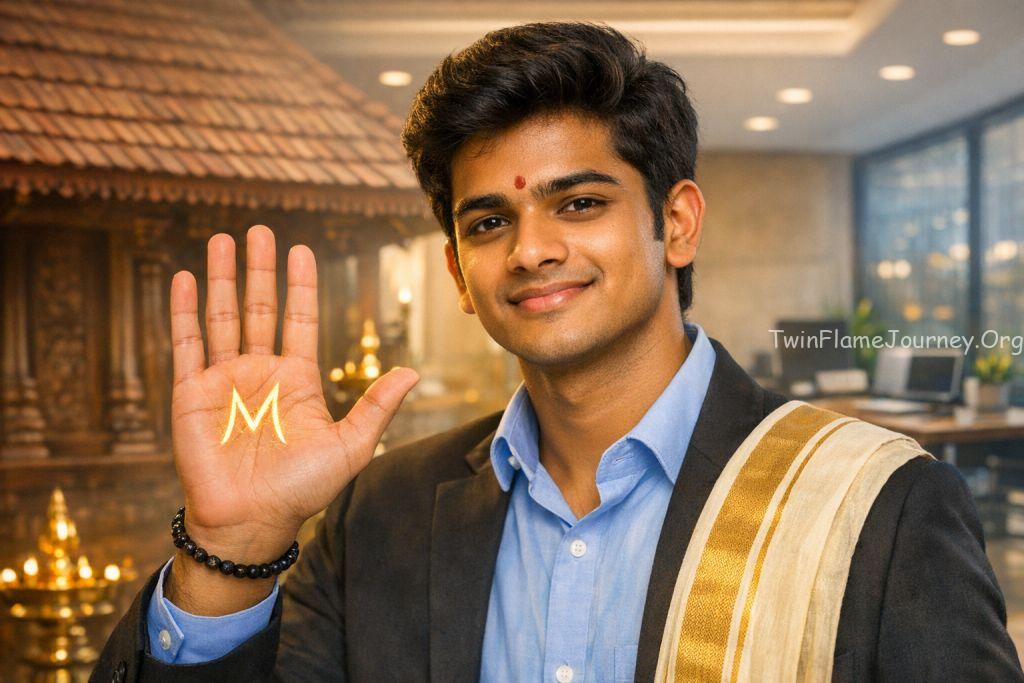 A young Malayali man (aged 20-22) in a professional yet spiritual setting, holding his hand up
