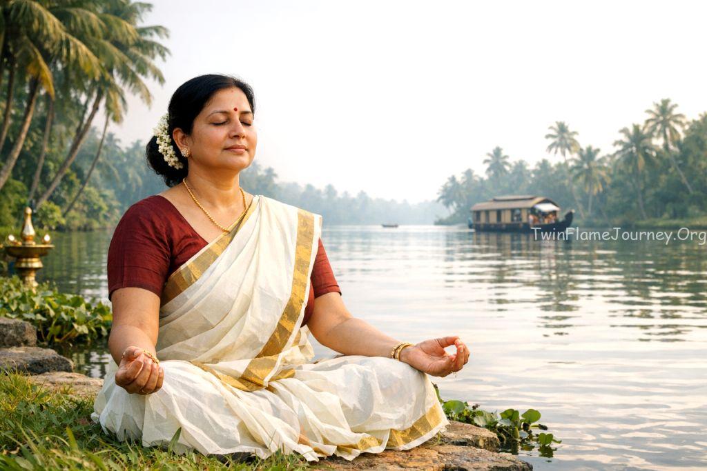 South Indian woman practicing mindfulness and deep breathing in Kerala