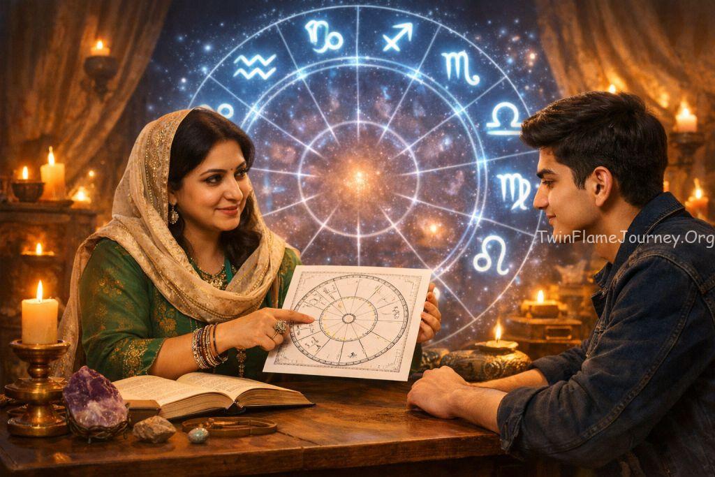 Twin flame couple connected by cosmic light with zodiac signs floating around them