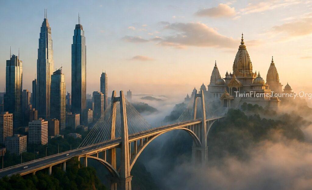 A symbolic bridge connecting a busy modern city (materialism) to a peaceful, golden temple in the clouds (spirituality).